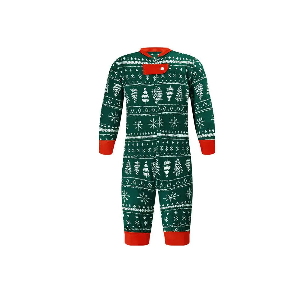 Product shot on white background of a baby zippered long-sleeve onesie in dark green with white Christmas tree and snowflake Fair Isle pattern and red cuffs.