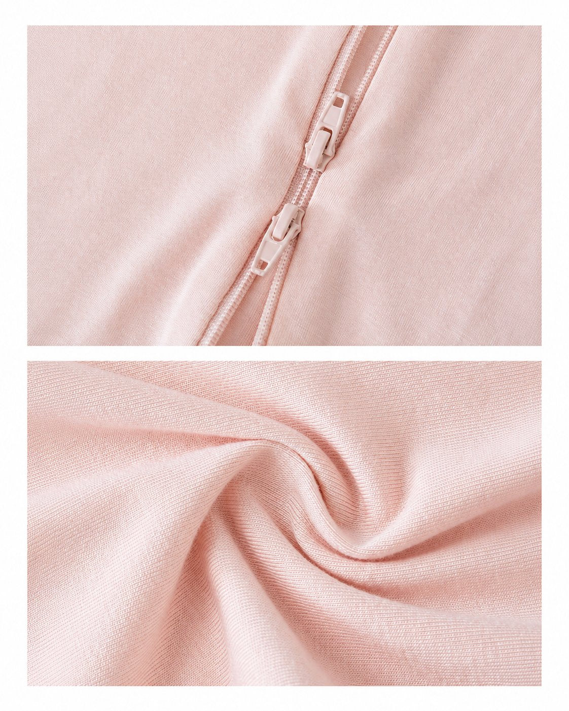 Two-way zipper and knit fabric details of a blush pink baby romper