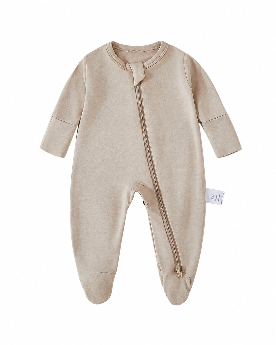 Tan bamboo-blend footed baby romper with long sleeves and a two-way zipper