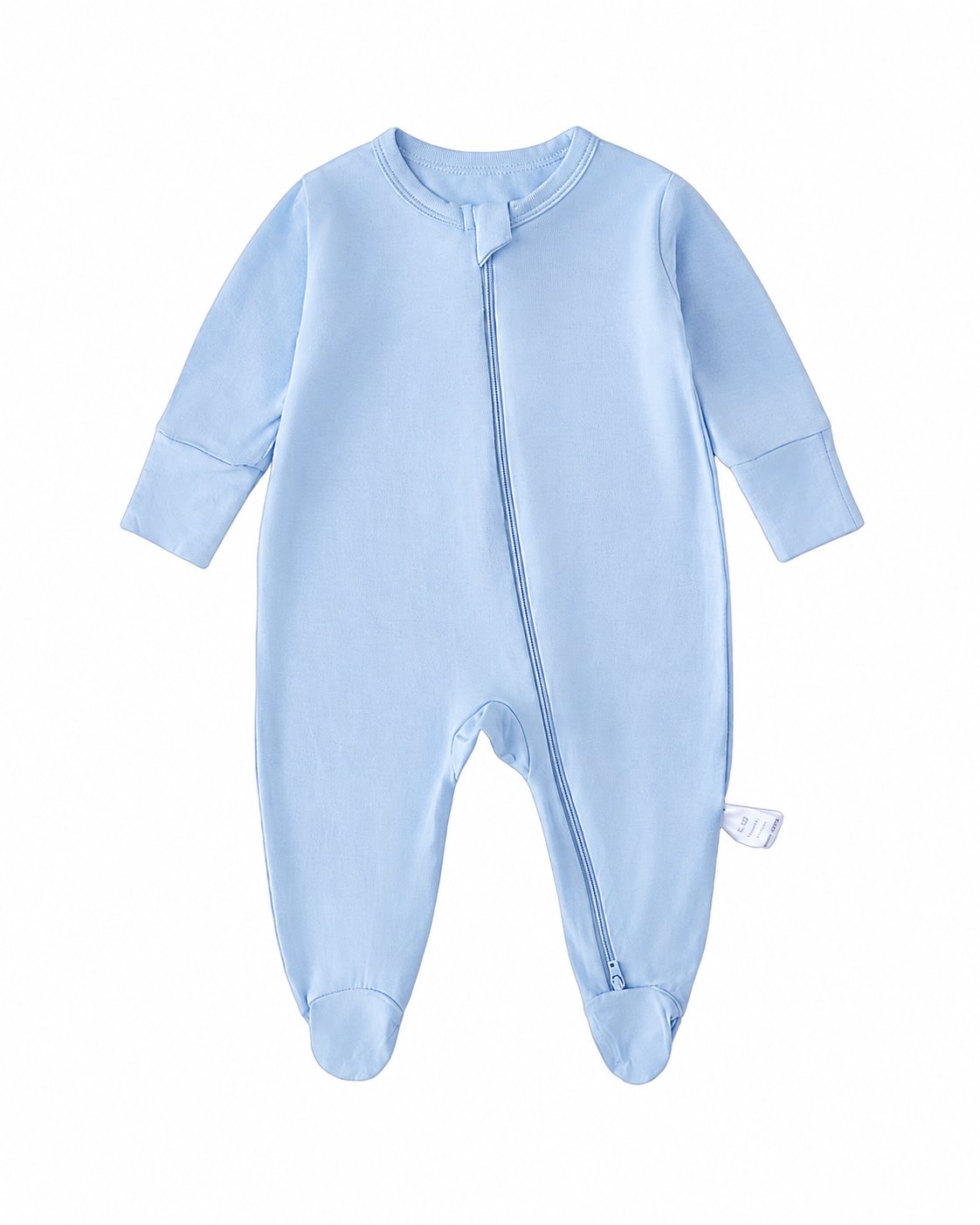 Light Blue bamboo-blend footed baby romper with long sleeves and a two-way zipper