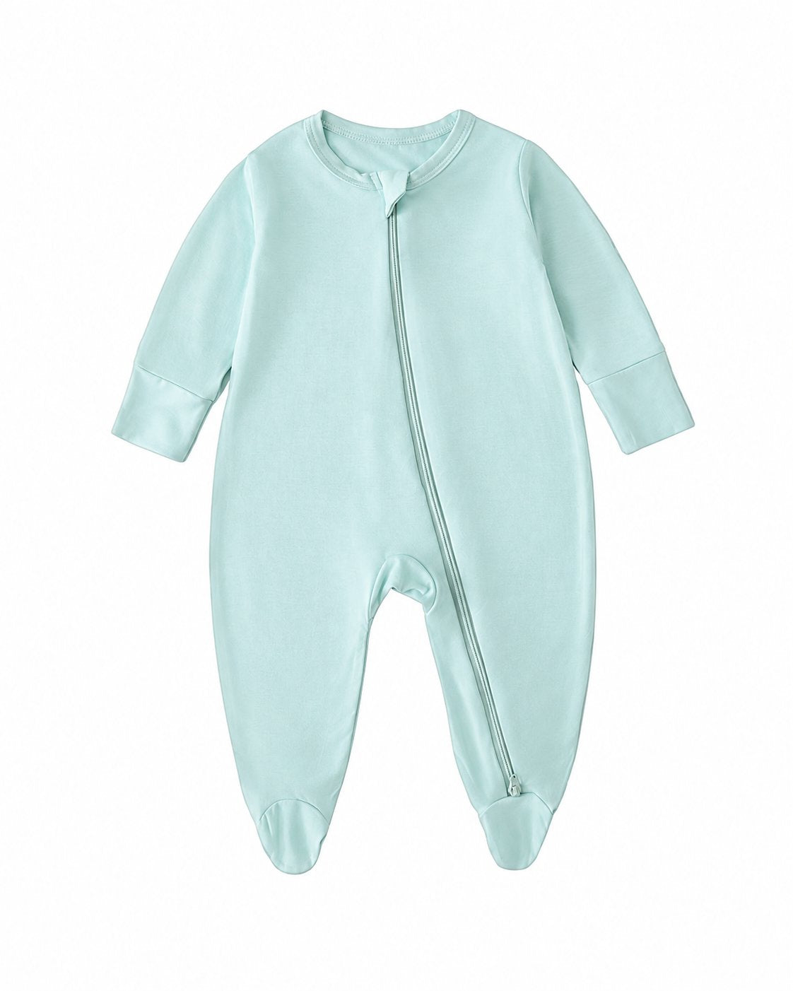 Mint Green bamboo-blend footed baby romper with long sleeves and a two-way zipper
