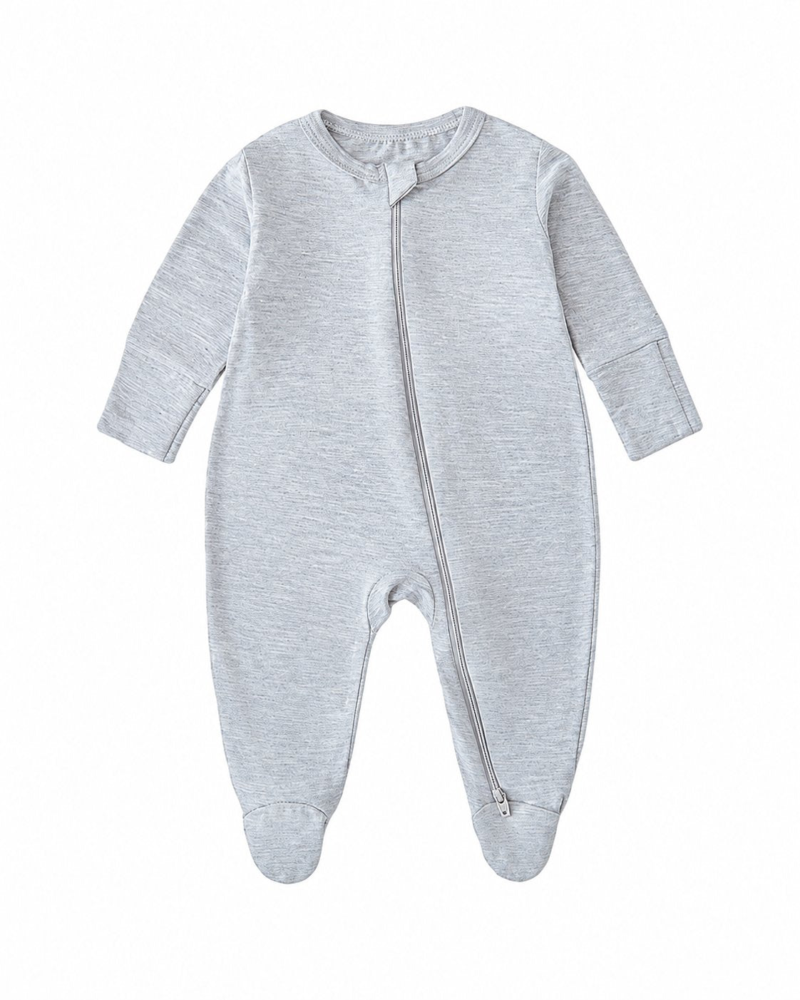 Heather Gray bamboo-blend footed baby romper with long sleeves and a two-way zipper
