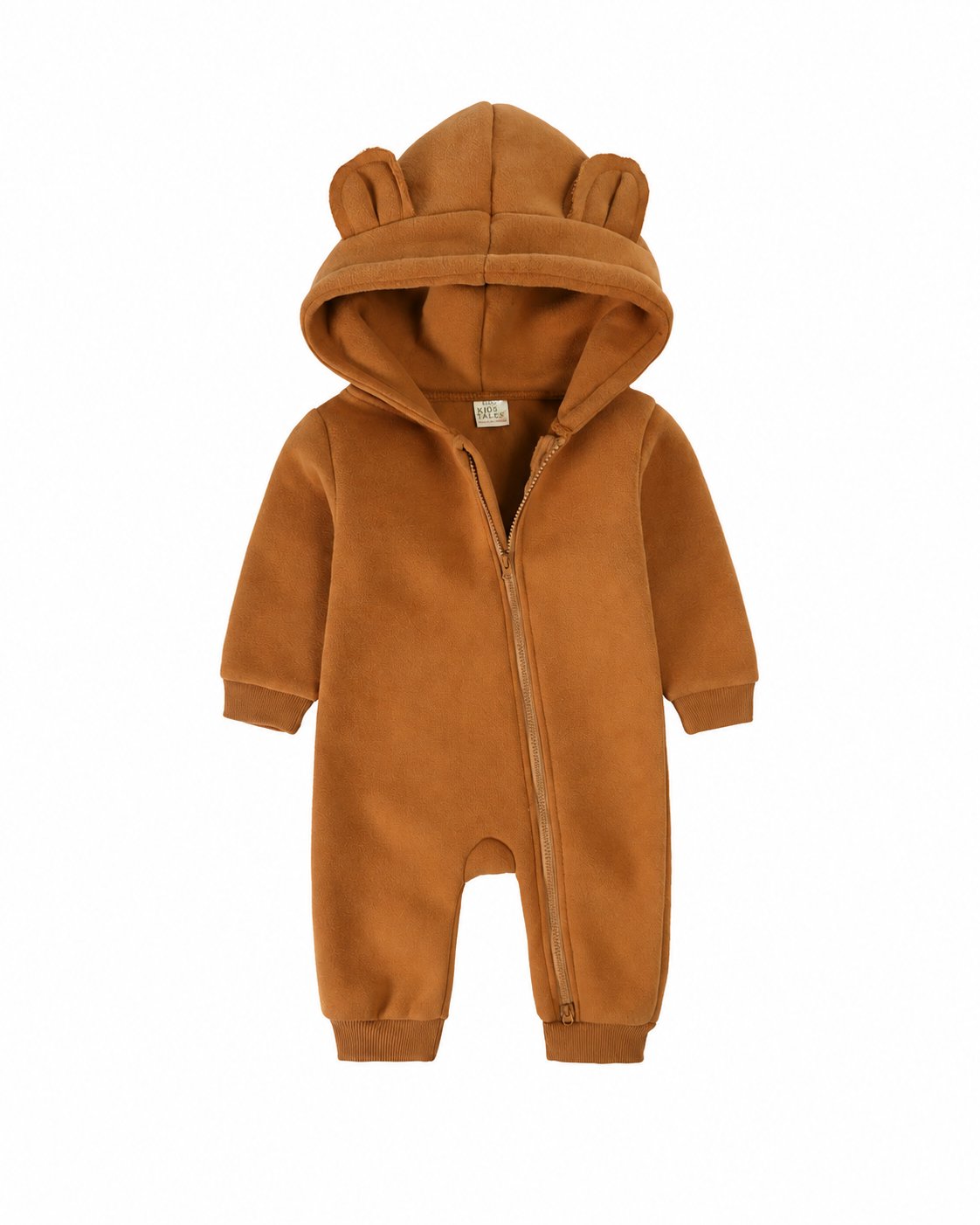 Caramel bear-ear hooded baby romper shown in the supplier product photo