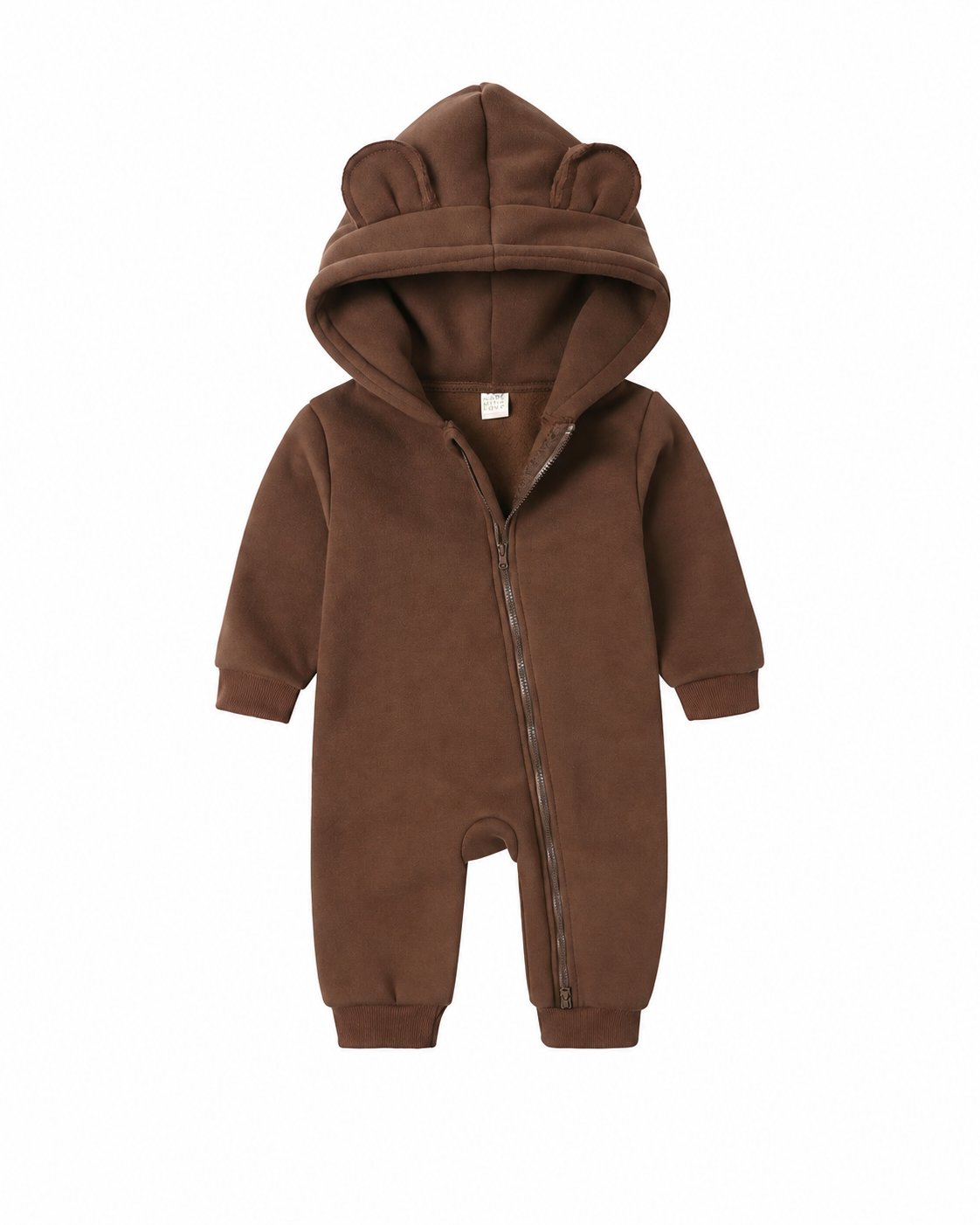 Chocolate Brown bear-ear hooded baby romper shown in the supplier product photo
