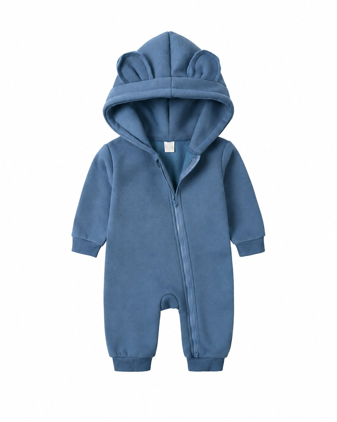 Dusty Blue bear-ear hooded baby romper shown in the supplier product photo