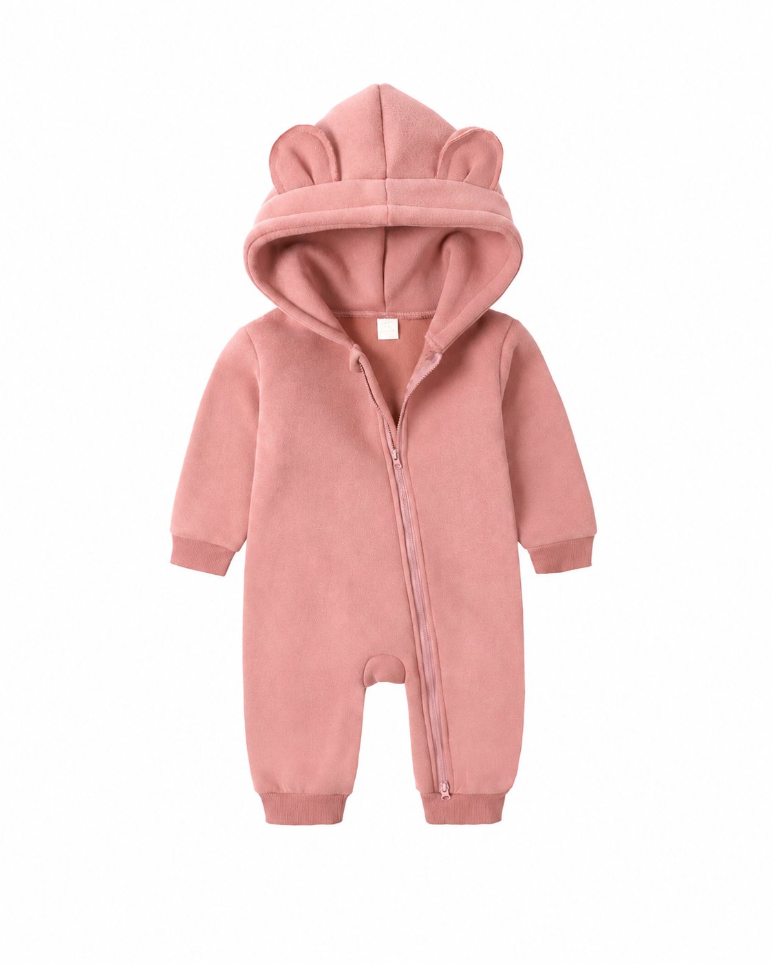 Dusty Pink bear-ear hooded baby romper shown in the supplier product photo