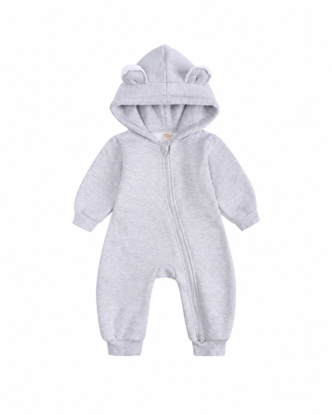 Heather Gray bear-ear hooded baby romper shown in the supplier product photo
