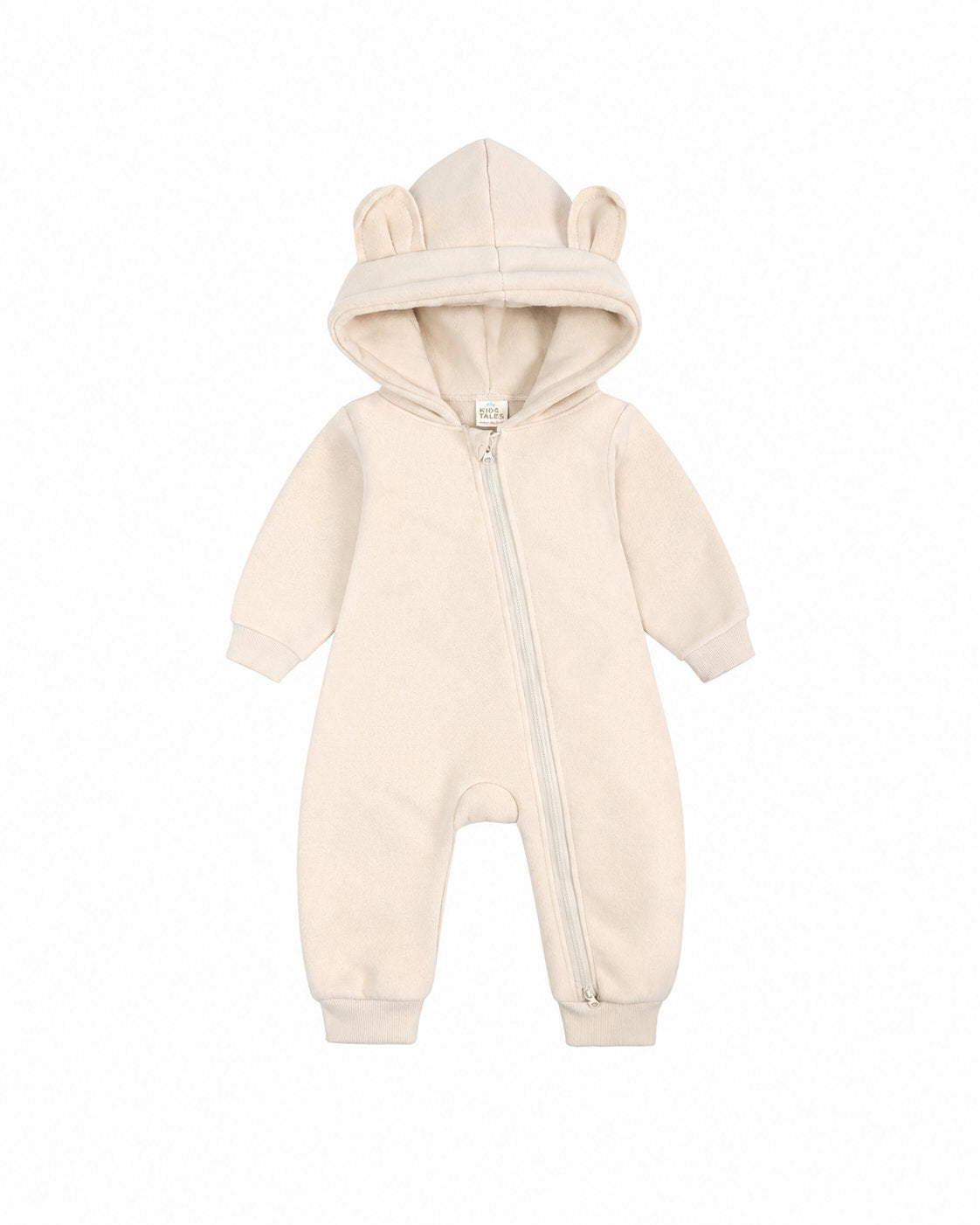 Ivory bear-ear hooded baby romper shown in the supplier product photo