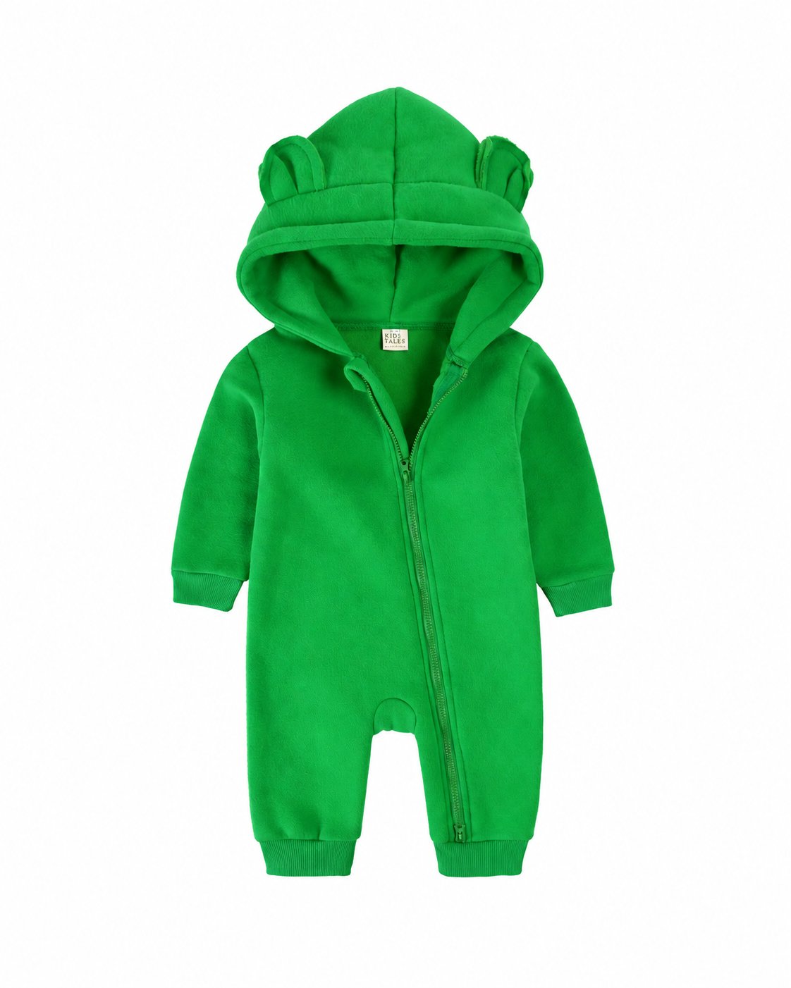 Kelly Green bear-ear hooded baby romper shown in the supplier product photo