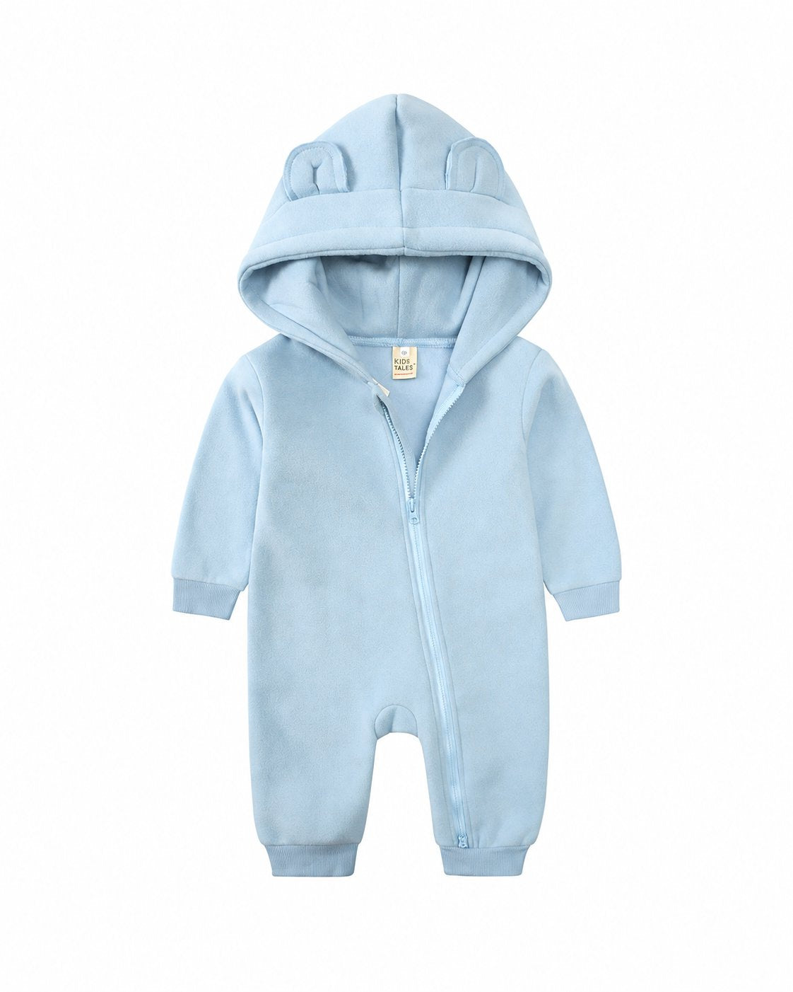 Light Blue bear-ear hooded baby romper shown in the supplier product photo