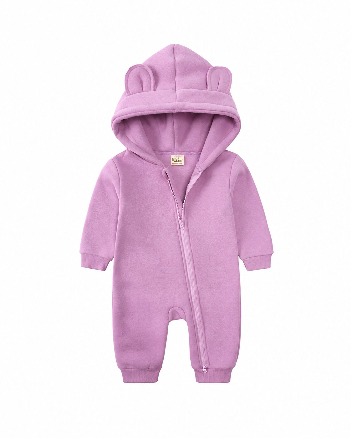 Lilac bear-ear hooded baby romper shown in the supplier product photo