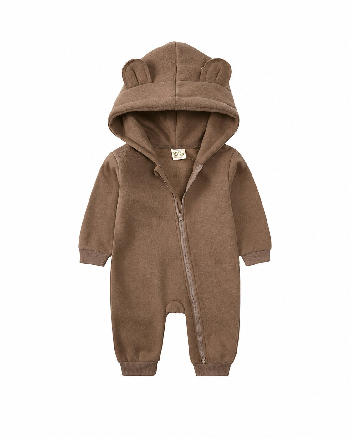 Mocha bear-ear hooded baby romper shown in the supplier product photo