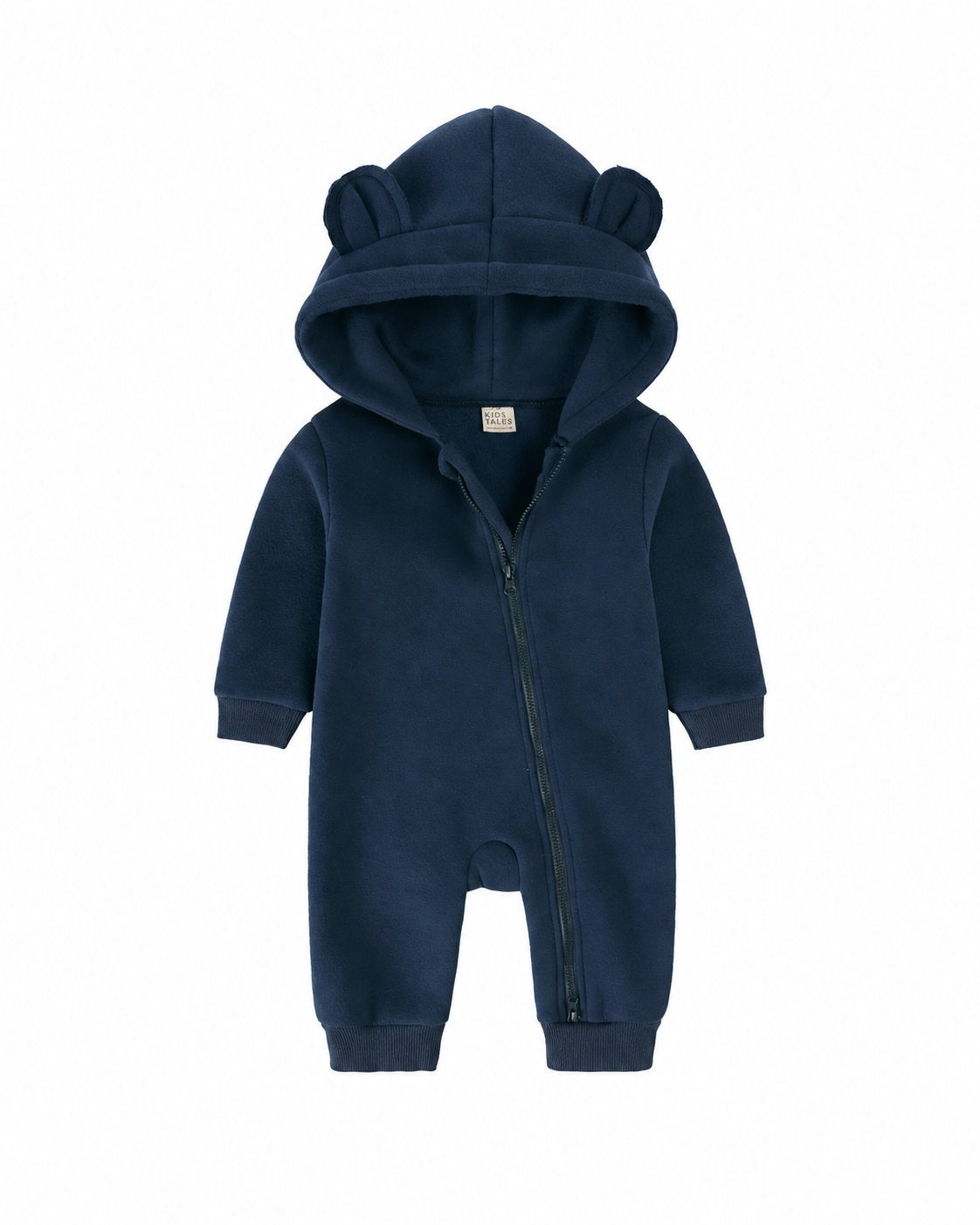Navy bear-ear hooded baby romper shown in the supplier product photo