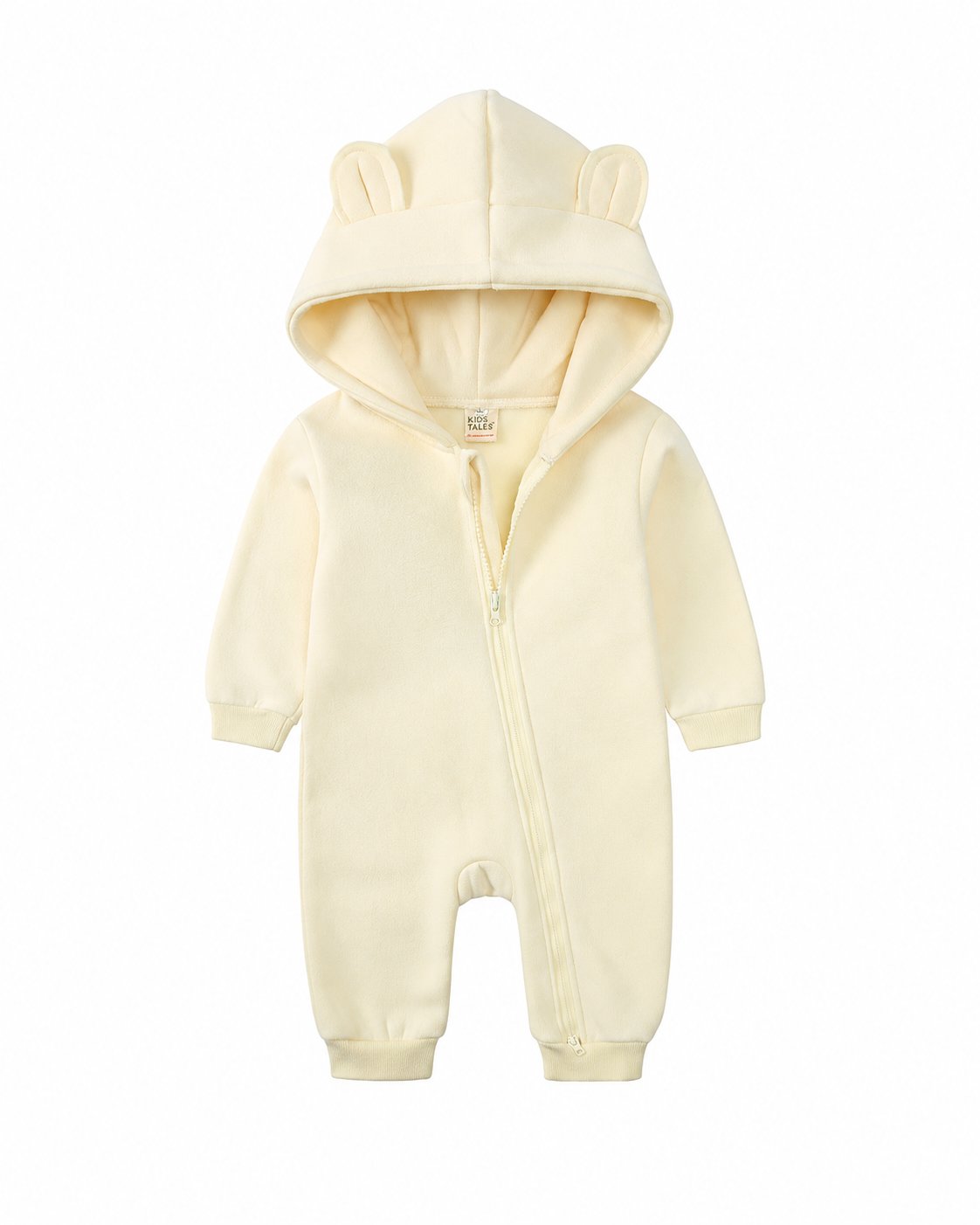 Pale Yellow bear-ear hooded baby romper shown in the supplier product photo