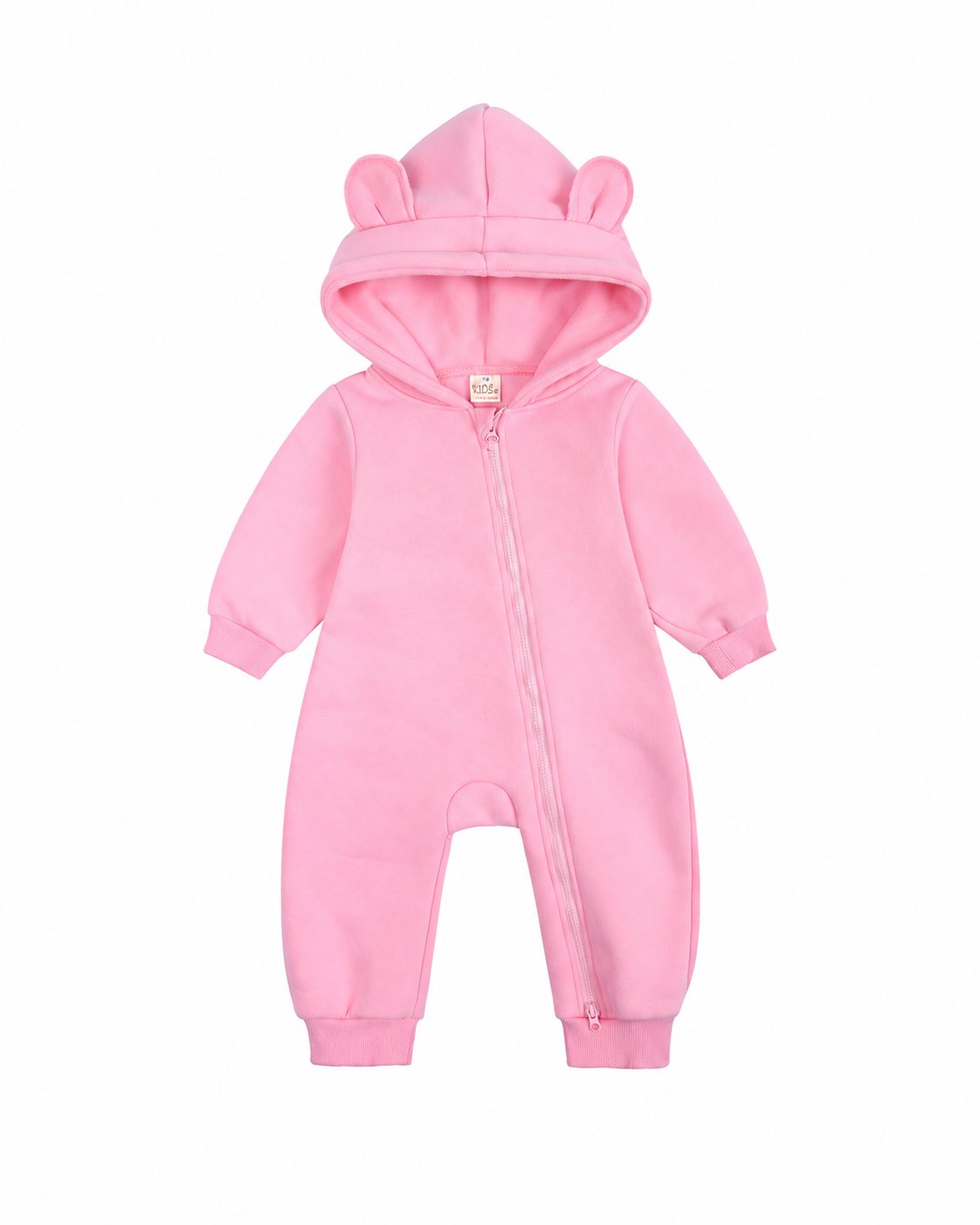 Pink bear-ear hooded baby romper shown in the supplier product photo