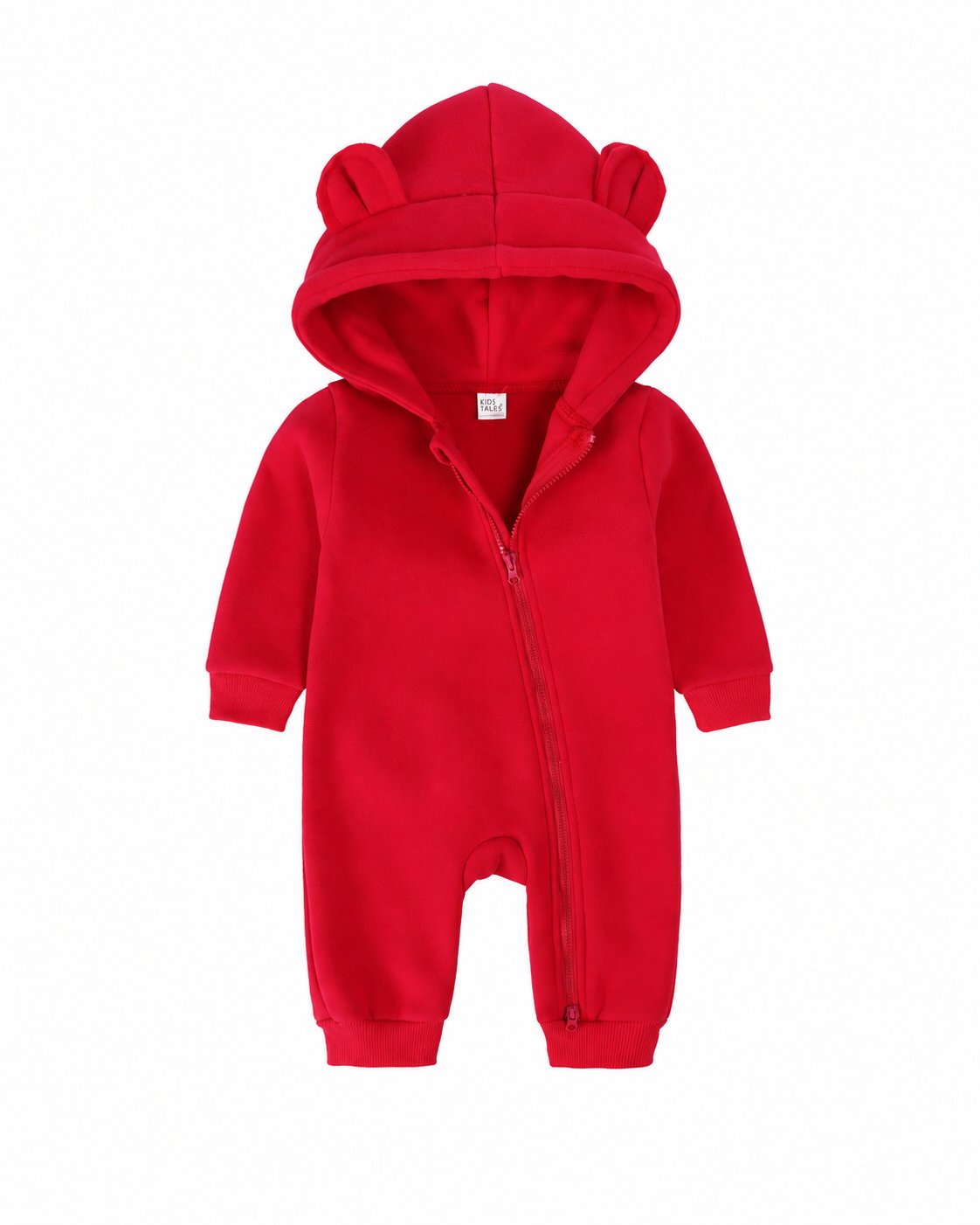 Red bear-ear hooded baby romper shown in the supplier product photo
