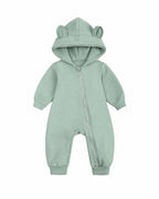 Sage Green bear-ear hooded baby romper shown in the supplier product photo