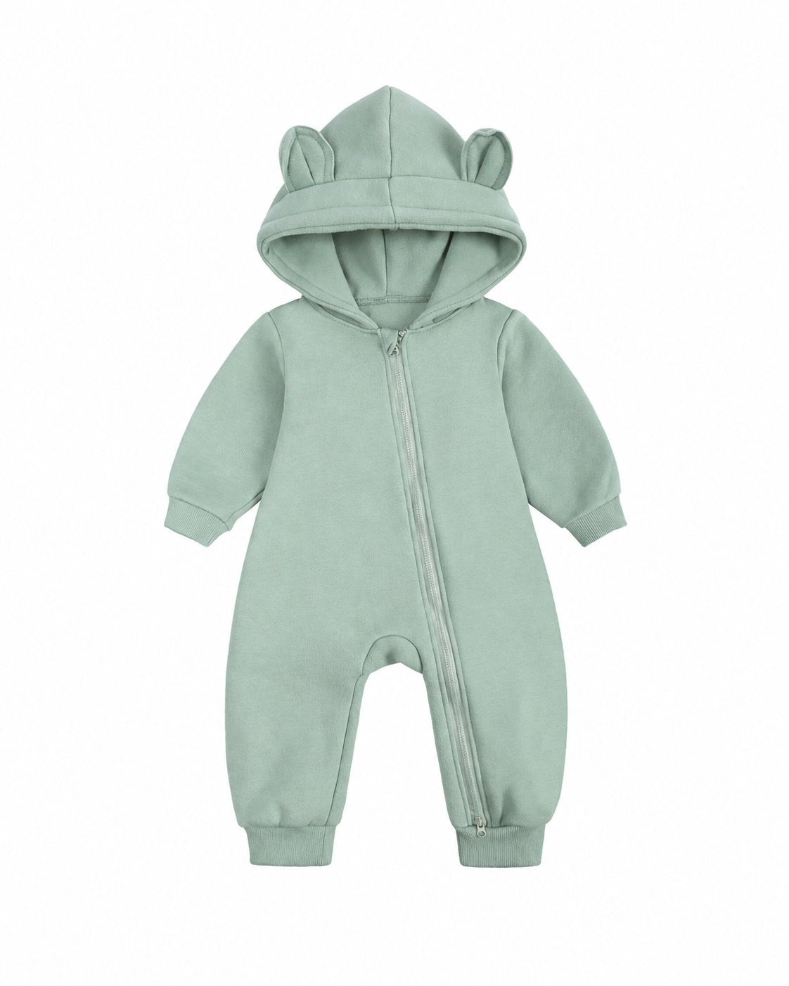 Sage Green bear-ear hooded baby romper shown in the supplier product photo