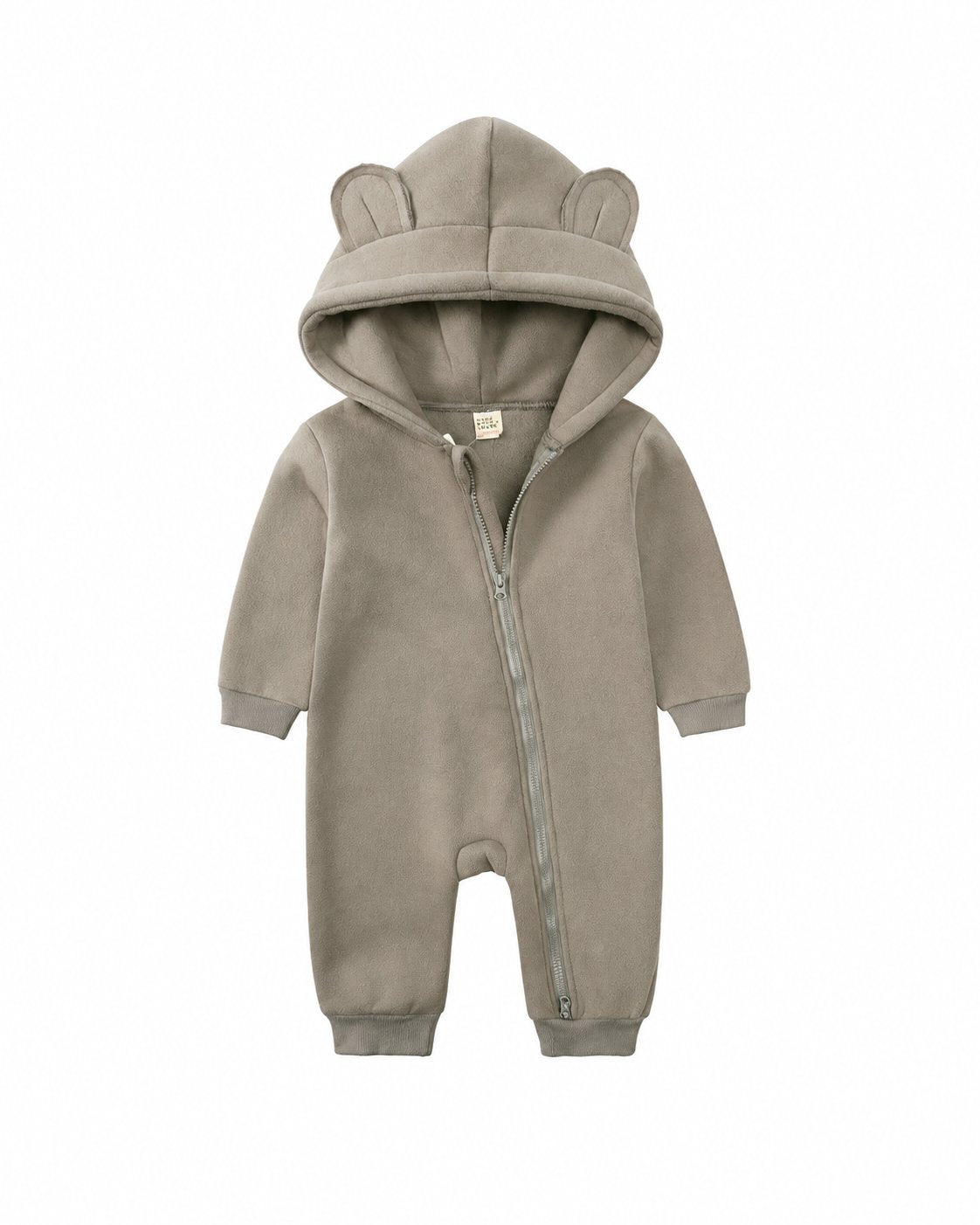 Taupe bear-ear hooded baby romper shown in the supplier product photo