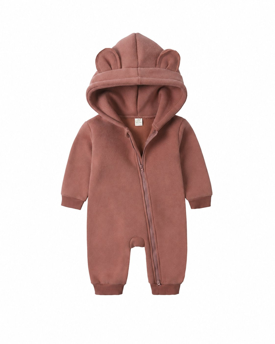Terracotta bear-ear hooded baby romper shown in the supplier product photo