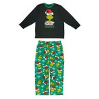 Child pajama set with a black Grinch top and green pants printed with Santa hats and snowflakes