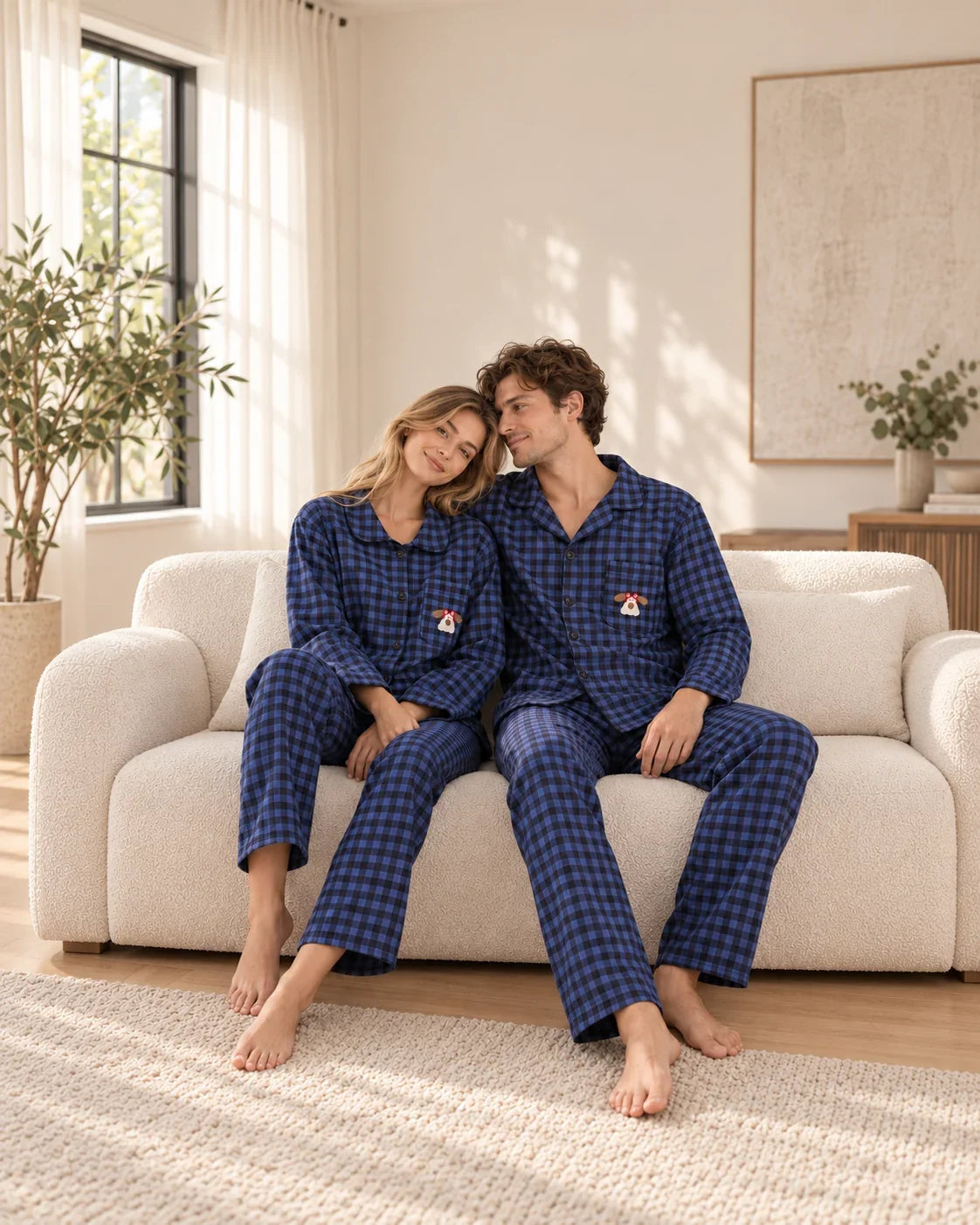 Couple relaxing on a cream sofa in blue plaid pajamas with black buttons and embroidered dog chest pockets.