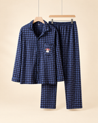 Men's blue plaid pajama set with notched collar and embroidered dog chest pocket