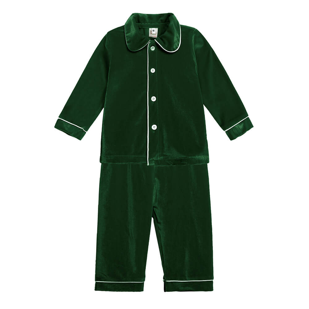 Boys' green velvet button-front pajama top and matching pants