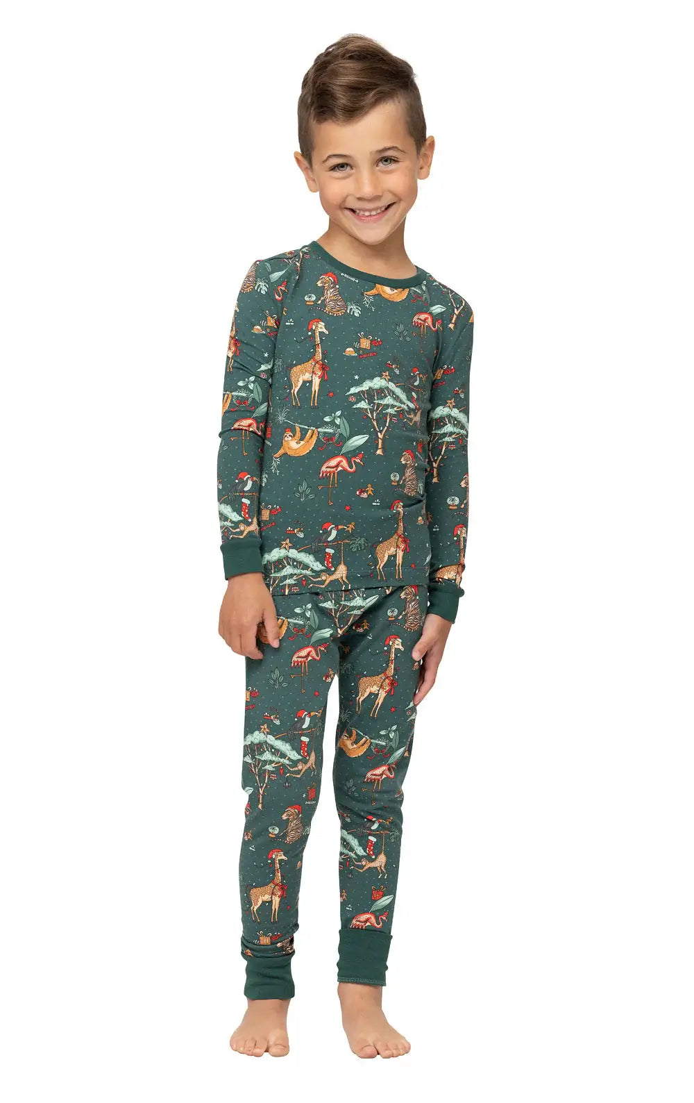 Smiling young boy standing in a two-piece dark green matching family Christmas pajama set with holiday animal design.