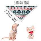 Size chart diagram for the holiday pet bandana showing Small and Large dimensions with illustrations of a Golden Retriever and French Bulldog.