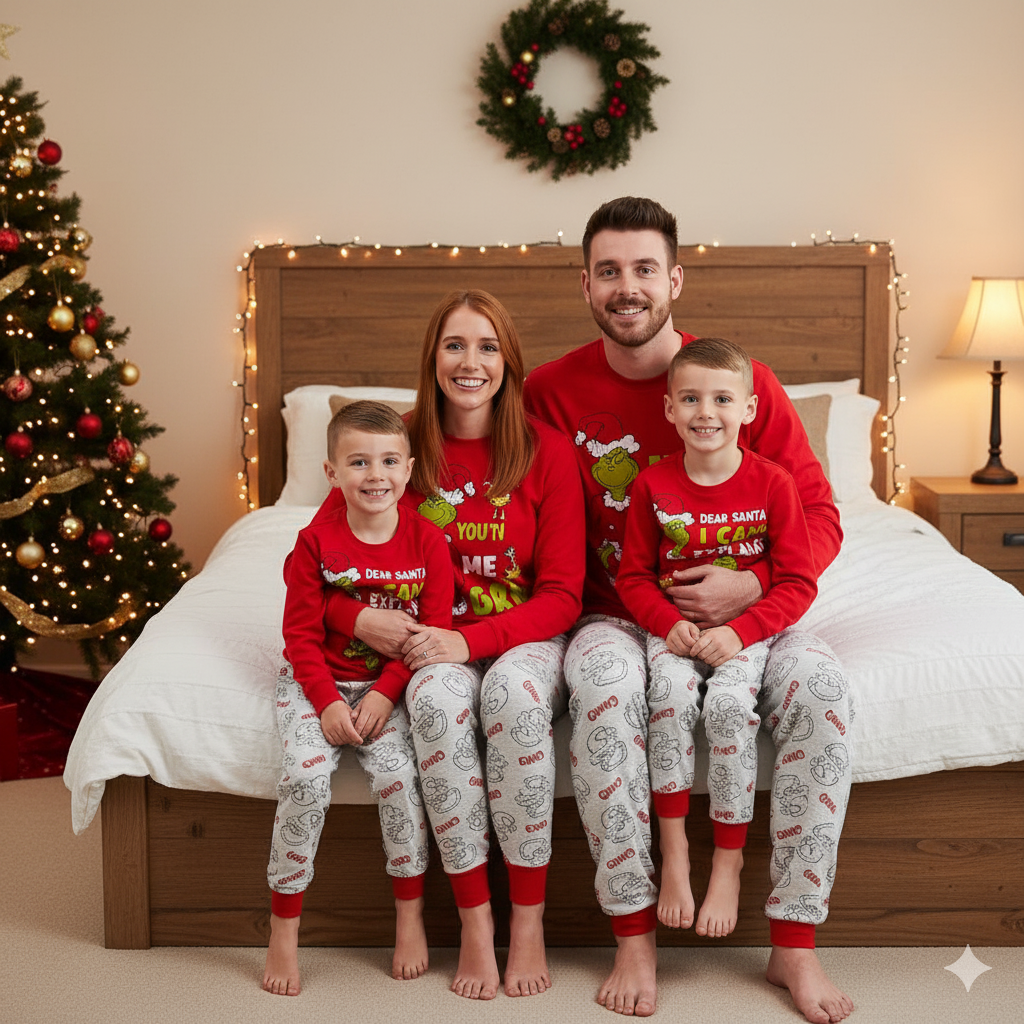 Family wearing red Grinch tops and light gray printed pajama pants beside a decorated bed and Christmas tree