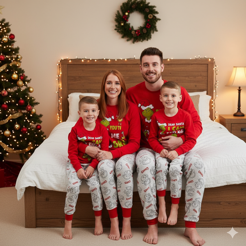Family wearing red Grinch tops and light gray printed pajama pants beside a decorated bed and Christmas tree