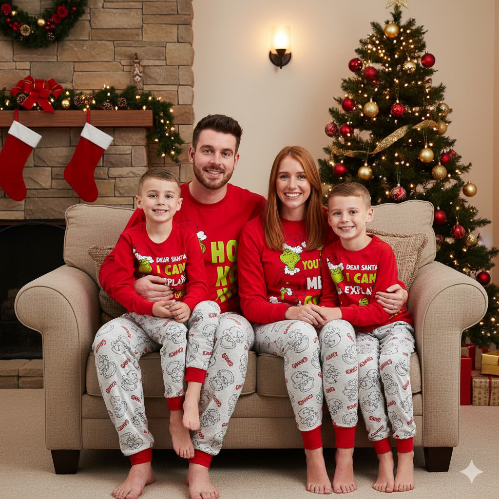 Family seated on a sofa in red Grinch slogan tops and light gray printed Christmas pajama pants