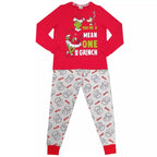 Red Grinch slogan pajama top with light gray character-print pants and red ankle cuffs