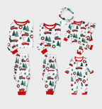 Flat lay of a complete matching family Christmas pajama collection including adult sets, baby onesie, and a pet bandana.