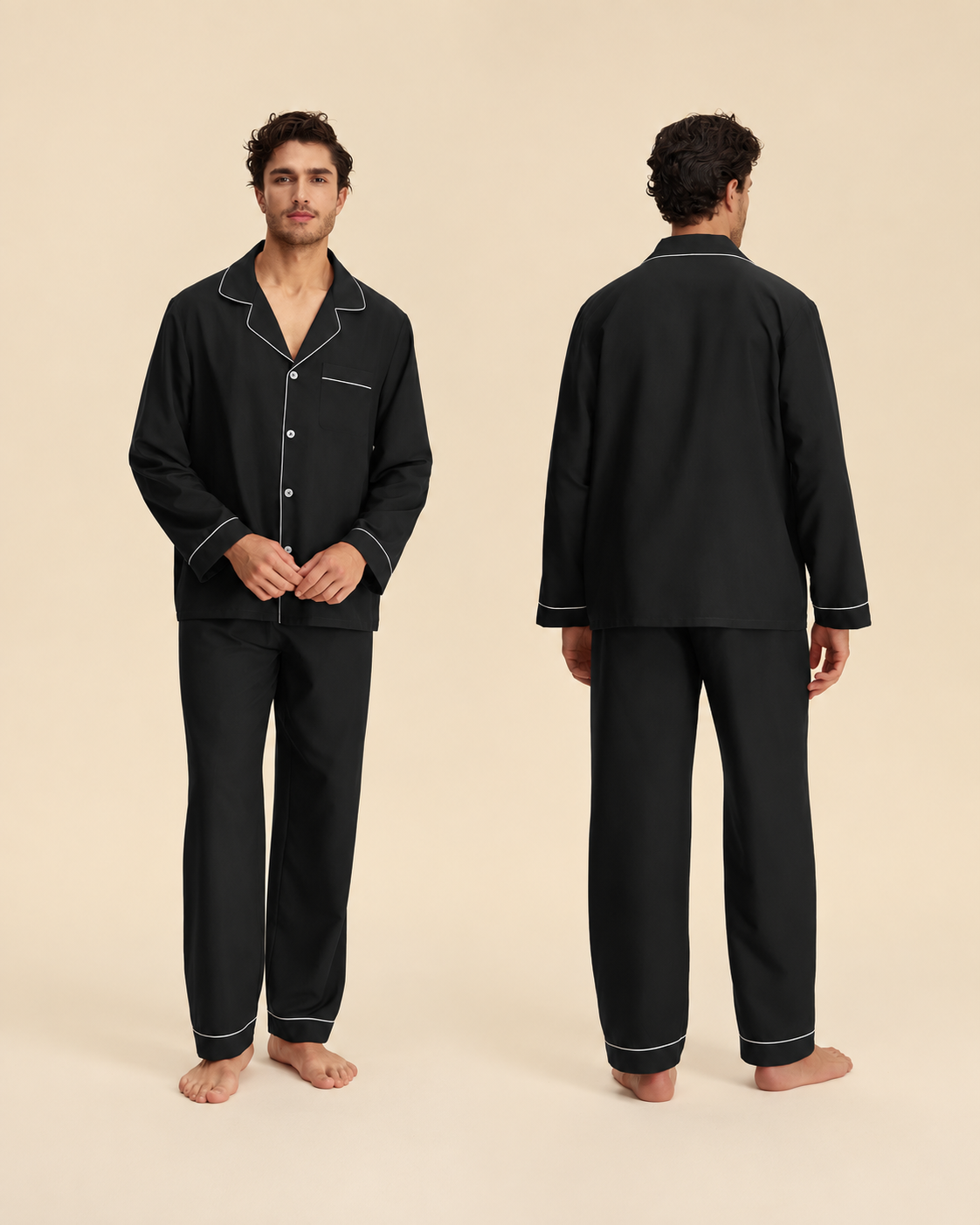 Men's black pajama set with white piping, front and back views