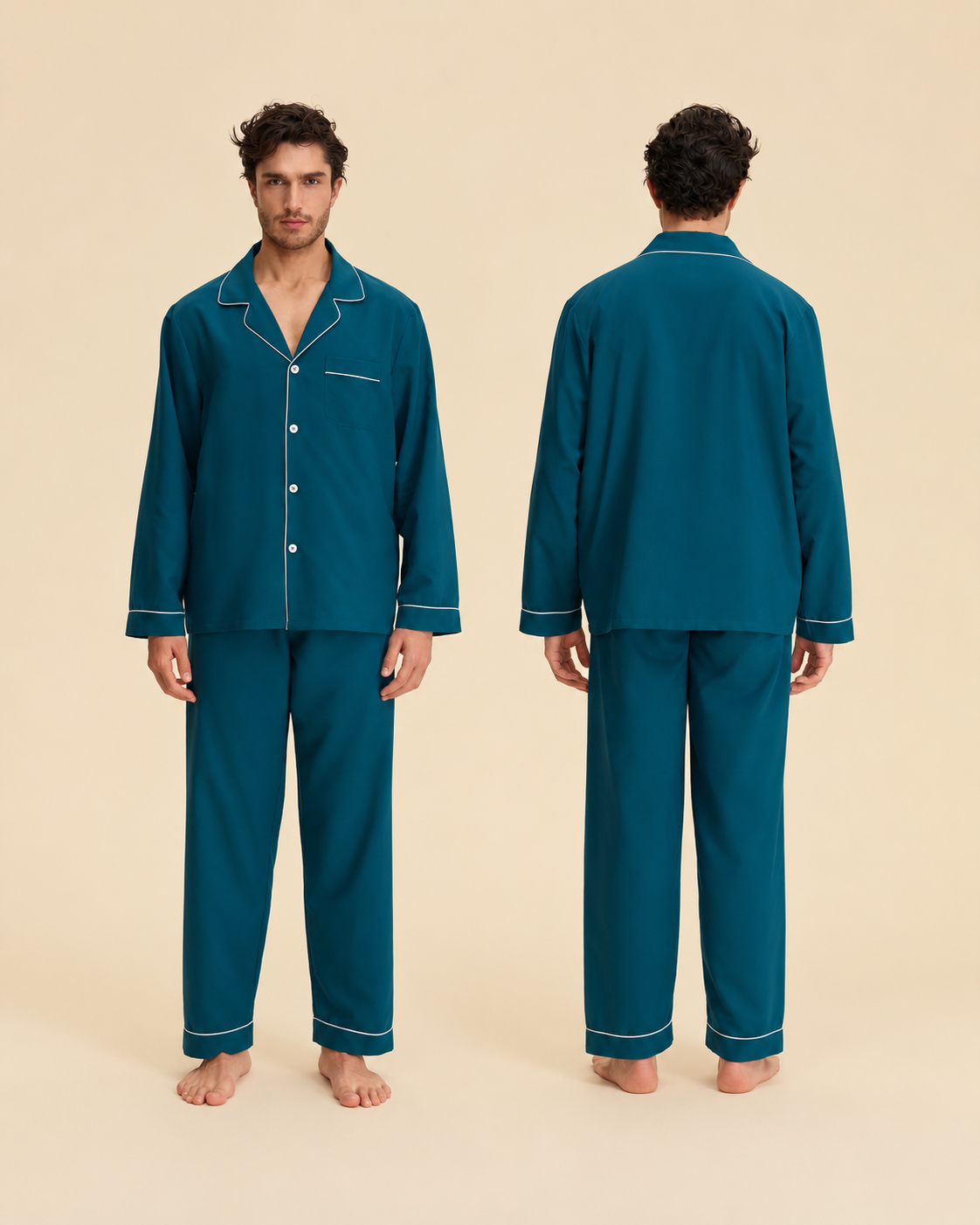Men's deep sea blue pajama set with white piping, front and back views