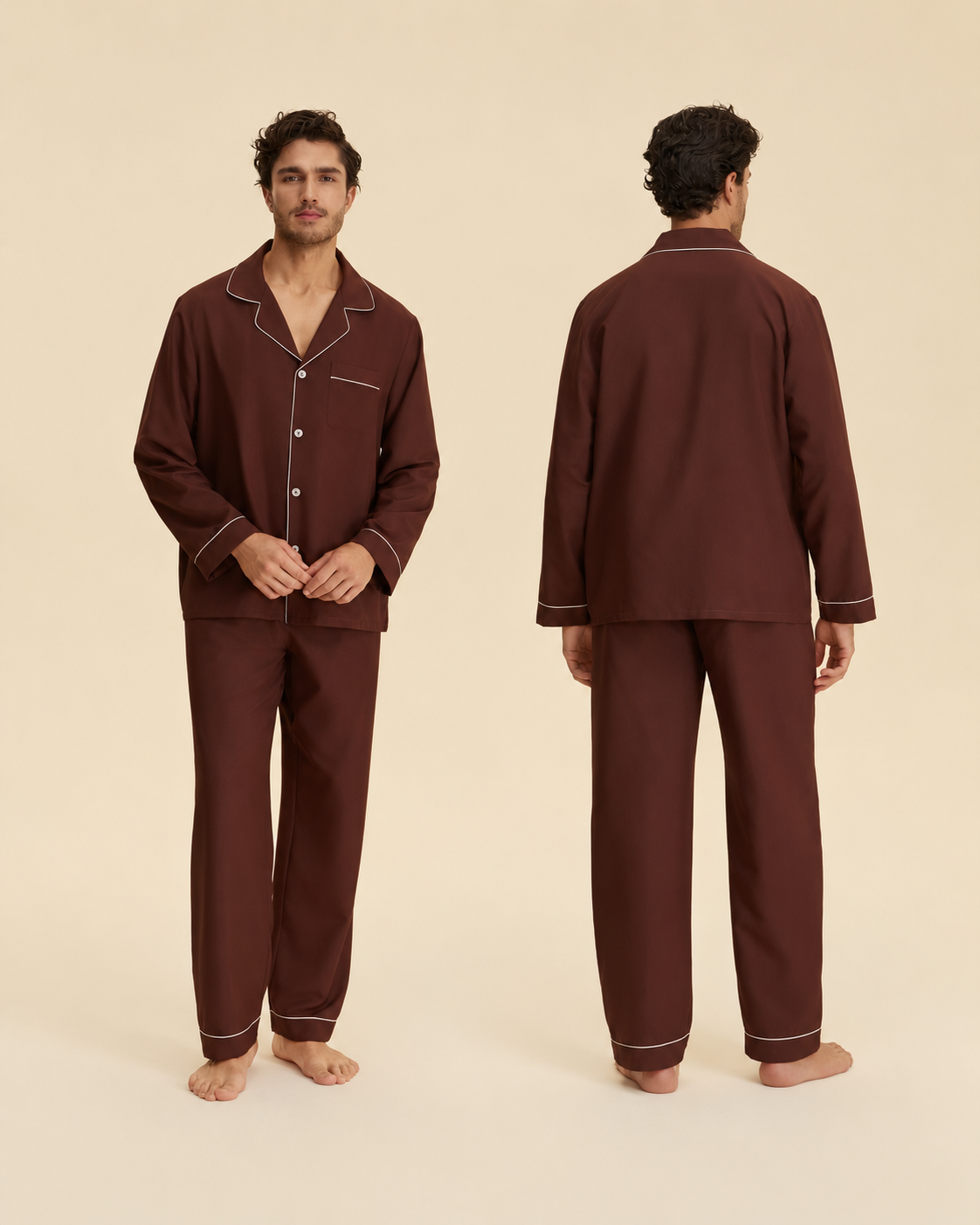 Men's coffee brown pajama set with white piping, front and back views
