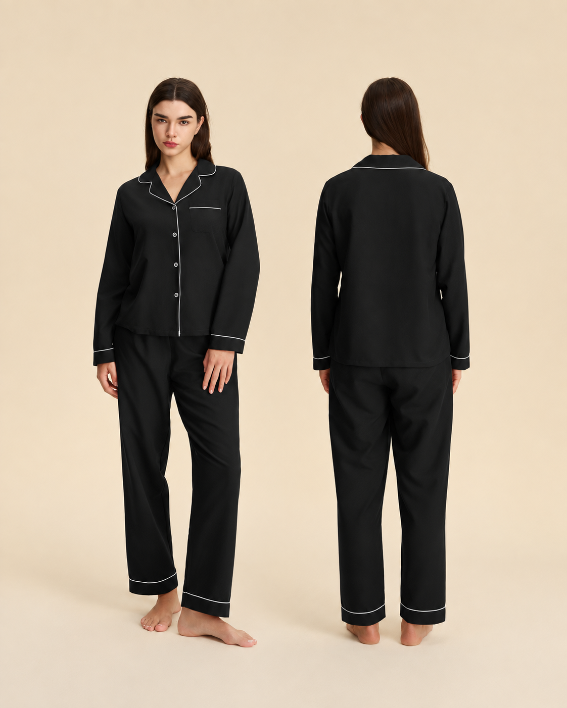 Women's black pajama set with white piping, front and back views