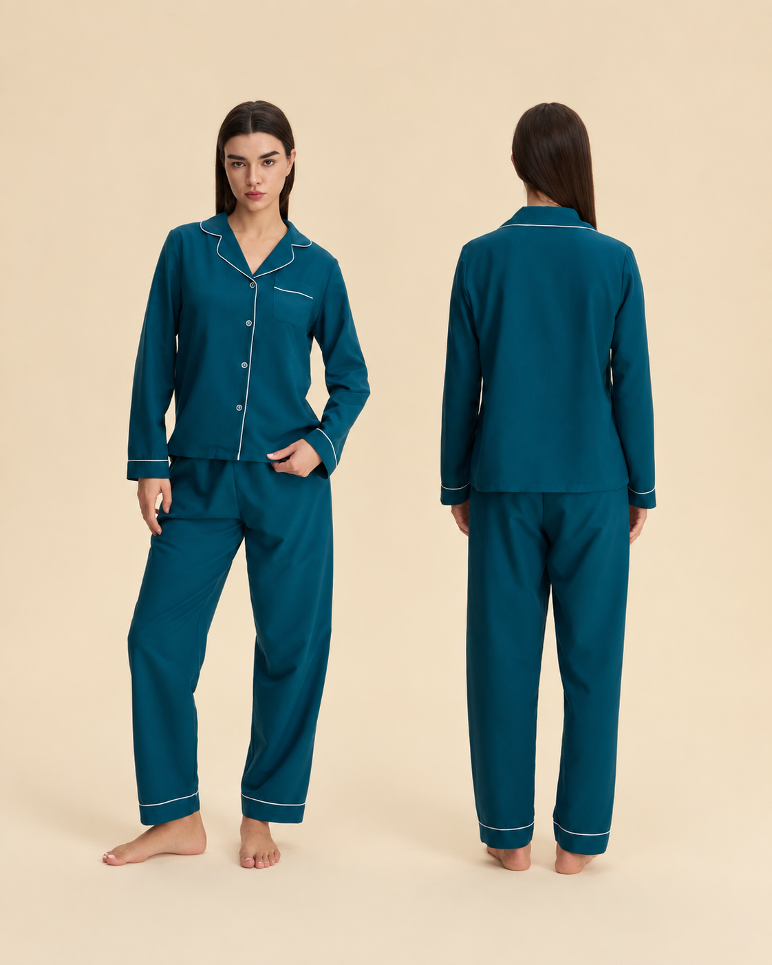 Women's deep sea blue pajama set with white piping, front and back views
