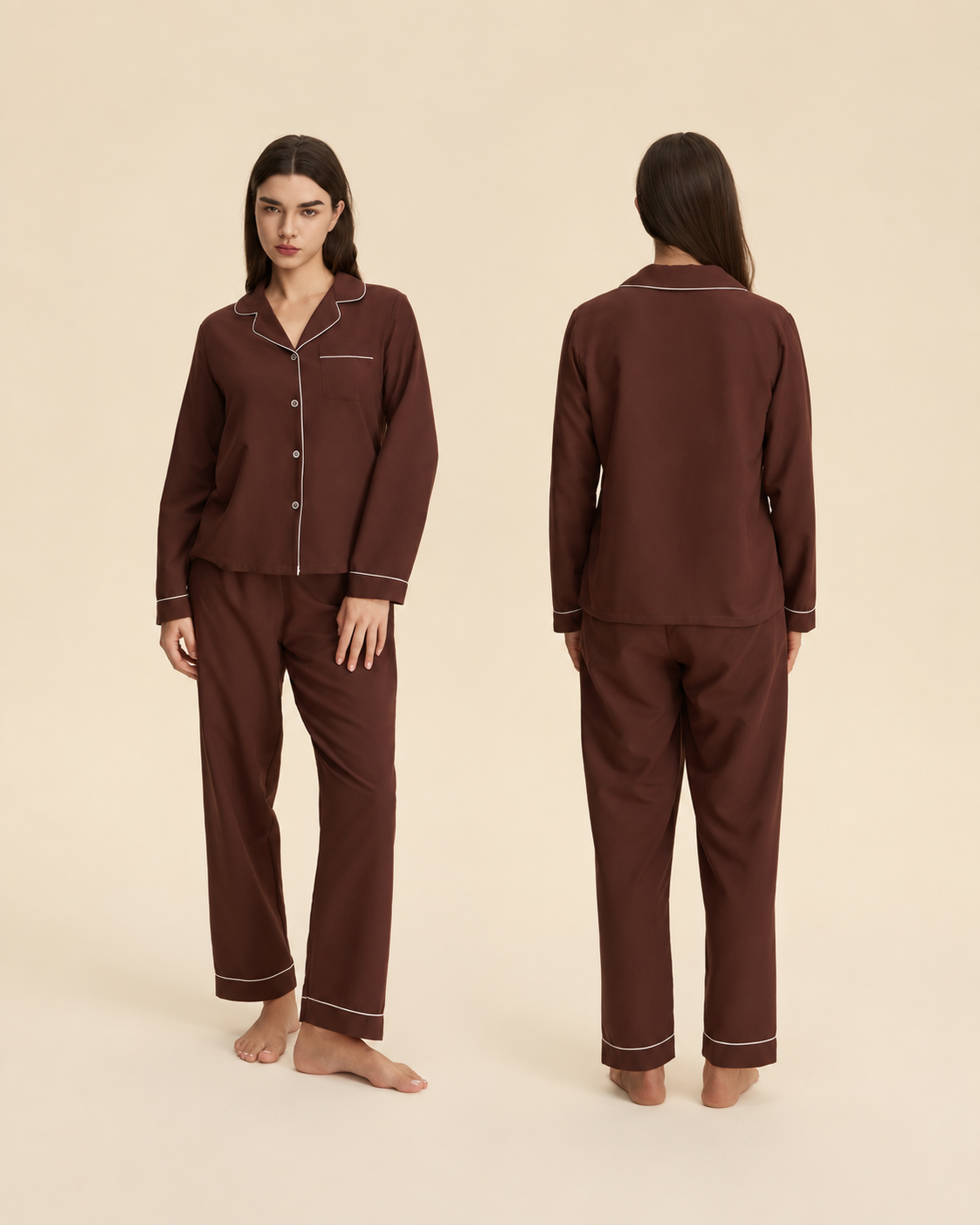 Women's coffee brown pajama set with white piping, front and back views