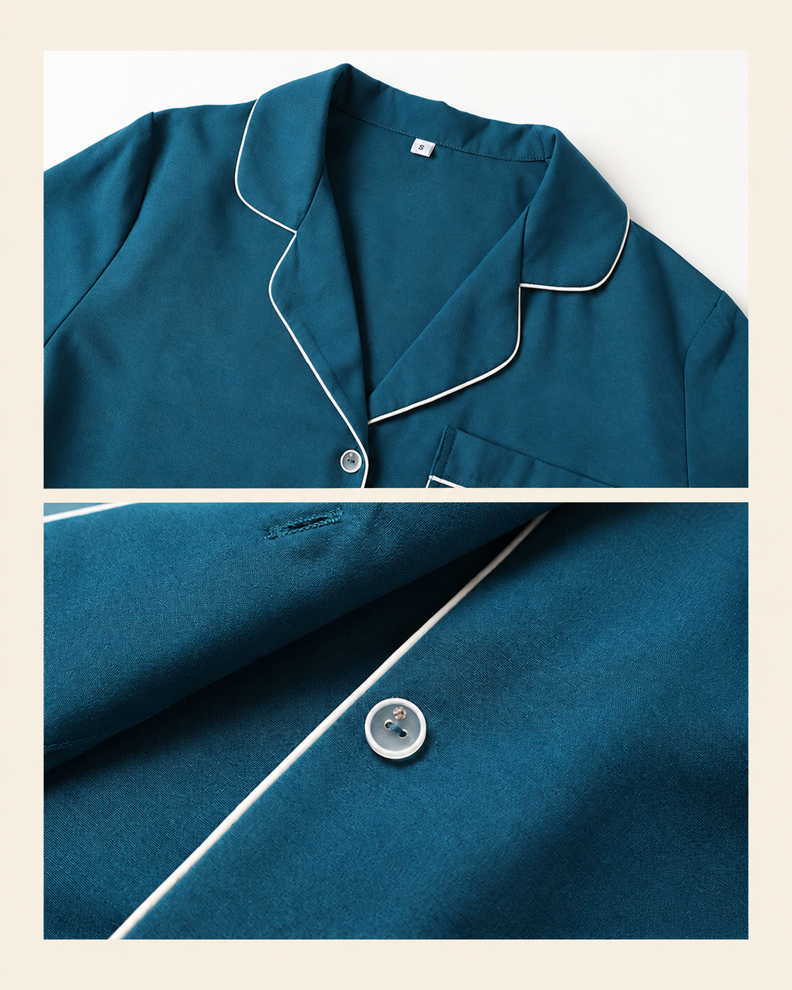 Contrast piping and button-front collar details on the deep sea blue pajamas