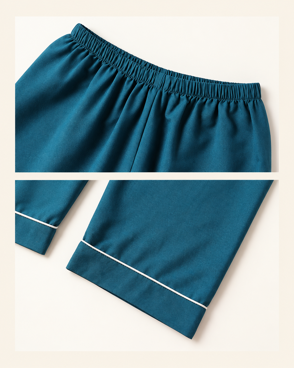 Elastic waistband and white piping hem details on the deep sea blue pajama pants