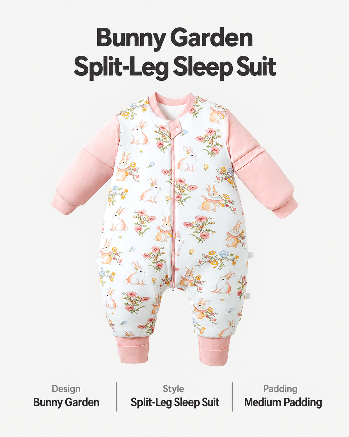Medium Padding split-leg sleep suit in Bunny Garden print with pink sleeves and cuffs, rabbits and flowers, and a front zipper
