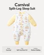 Medium Padding split-leg sleep suit in Carnival print with yellow sleeves and cuffs, circus animals, carousel tents and balloons, and a front zipper