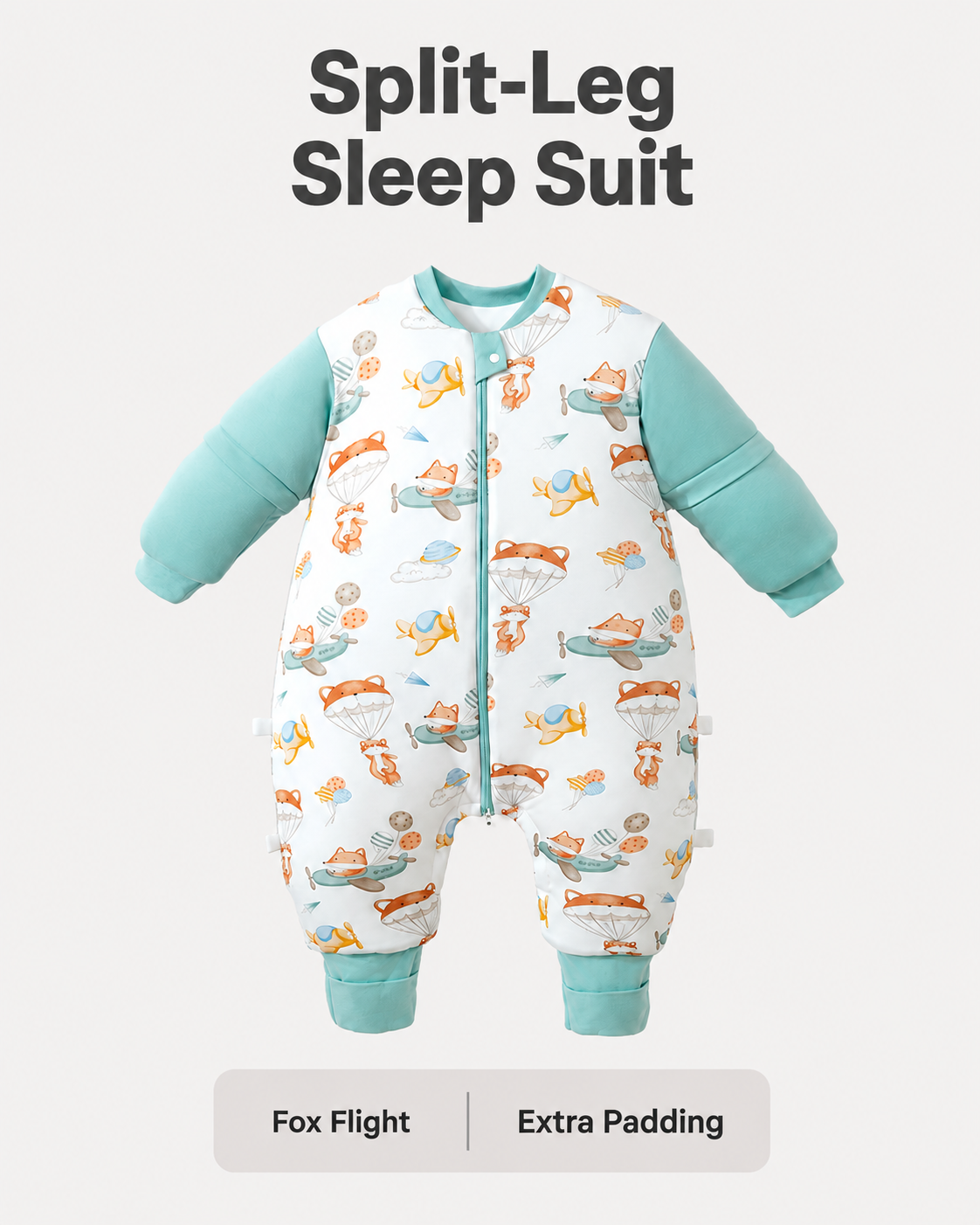 Extra Padding split-leg sleep suit in Fox Flight print with mint sleeves and cuffs, foxes, parachutes, airplanes and planets, and a front zipper