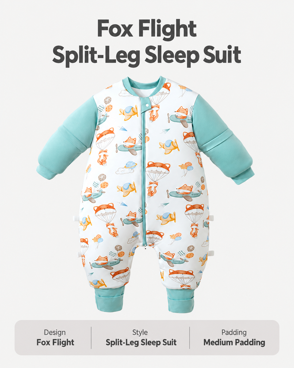 Medium Padding split-leg sleep suit in Fox Flight print with mint sleeves and cuffs, foxes, parachutes, airplanes and planets, and a front zipper