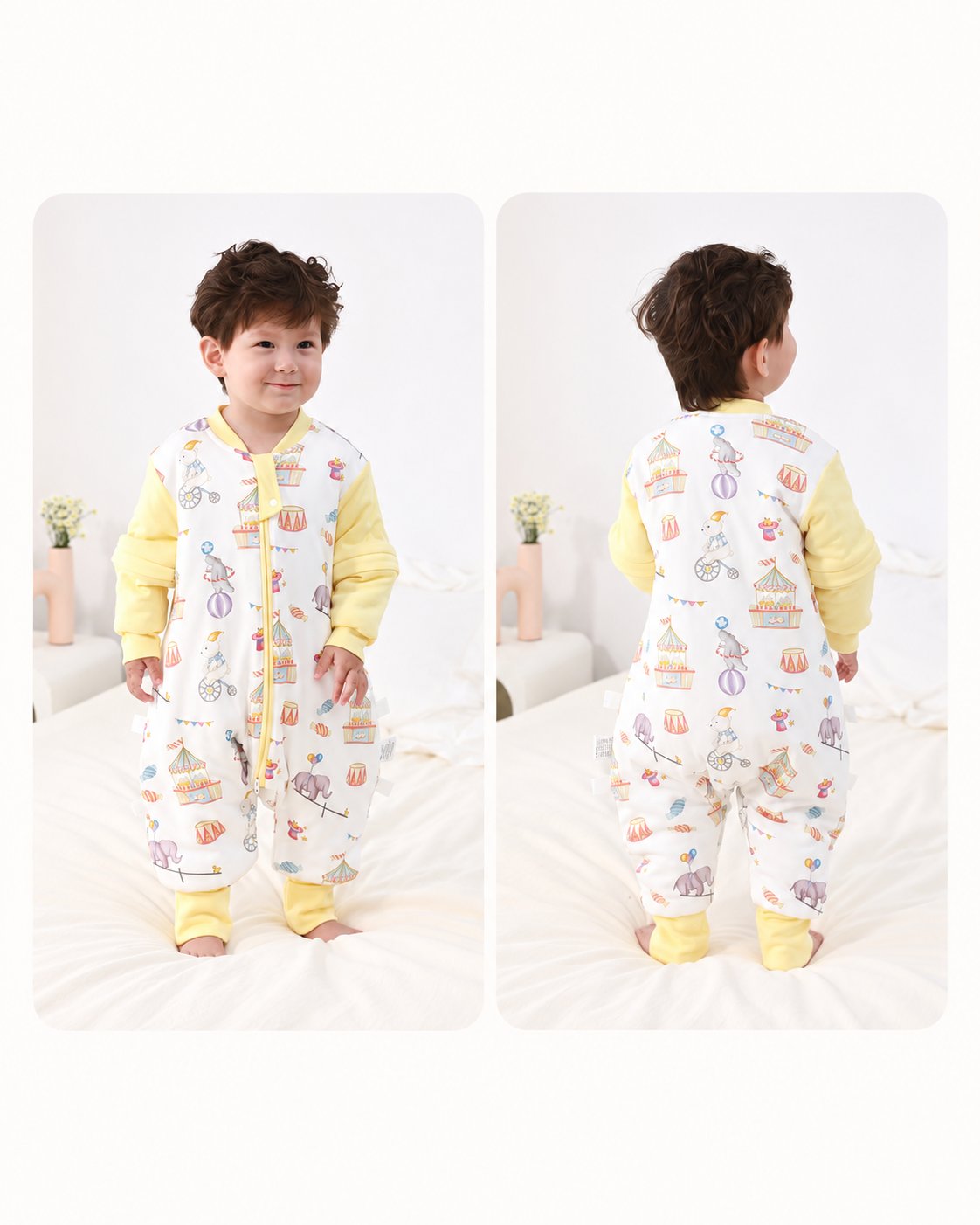 Toddler wearing the yellow Carnival split-leg sleep suit, showing front and back views