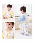 Toddler modeling Carnival and Unicorn Dreams split-leg sleep suits, showing front details and back view