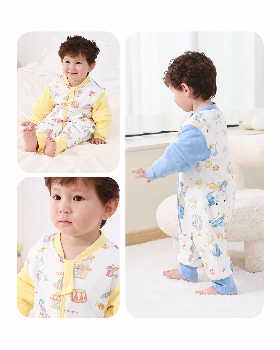 Toddler modeling Carnival and Unicorn Dreams split-leg sleep suits, showing front details and back view
